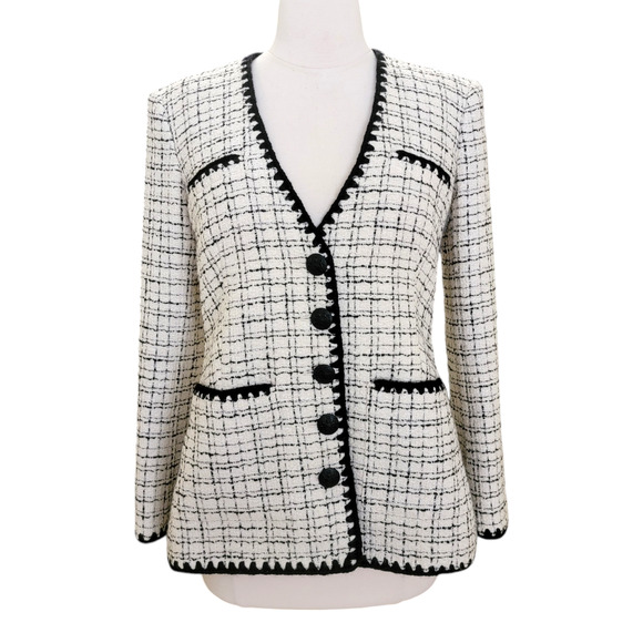 Veronica Beard Albia Rickrack Trim Tweed Lady Jacket Black White Check Size 0 - Picture 9 of 9